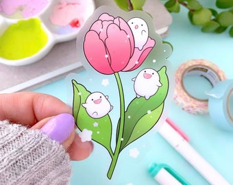 CLEAR Anime Cute White Blobs con tulipán y estrellas STICKER de Michelle Coffee