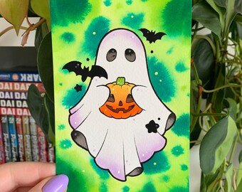ORIGINAL PAINTING 4x6" Spooky Pumpkin Ghost Gouache and Ink by Michelle Coffee #4
