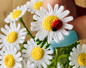 Chamomile Flower and Ladybug Crochet Pattern, Realistic Daisy, Micro Crochet PDF Download, English Tutorial