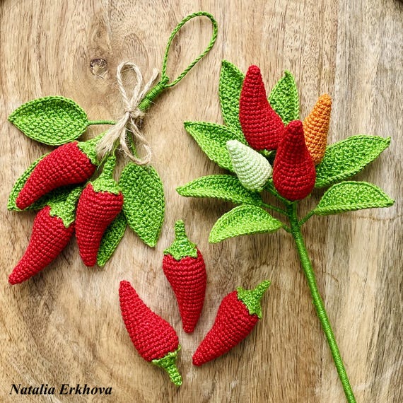 Crochet Chili Pepper Branch Pattern – Hanging Kitchen Decor PDF