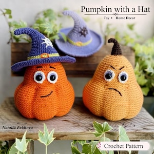 Padrão de crochê de abóbora de Halloween, brinquedo amigurumi, chapéu de bruxa, 3 opções de rosto, PDF em inglês