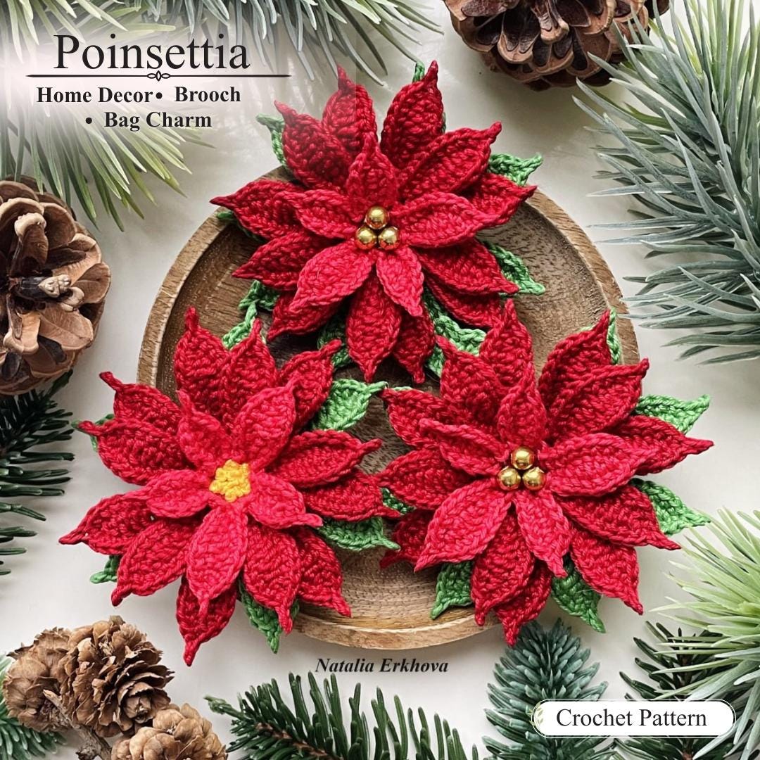 38 Crochet Jewellery Patterns with Brooches, Earrings, Bracelets 16 Poinsettia Christmas Flower