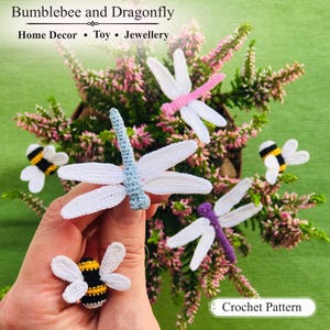 Humla och trollslända virkmönster PDF, realistiska insekter, sommardekor, engelsk handledning
