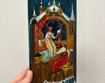 Pintura em laca russa em madeira, mural vintage, tecelagem de inverno, mulheres, casa de campo, fiandeiras, paisagem de inverno da URSS