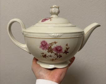Zeh Scherzer porcelain teapot Bavaria US floral pattern flower decor gold rim Germany vintage coffee pot 50s 60s pink brown white beige