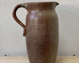 Ceramic jug studio pottery vintage handmade signed France sandstone brown green cottagecore rustic primitive vase