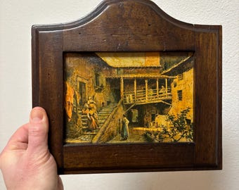 Quadro de parede vintage com moldura de madeira Italart Itália pátio jardim marrom mulheres pátio Palazzo degli Anguillara Ettore Roesler Franz Roma impressão artística
