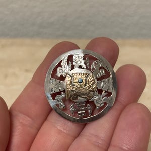 ペルー 925 シルバー ブローチ ペンダント ゴールドメッキ 18 K アステカ 南米 ハンドメイド ヴィンテージ ラウンド