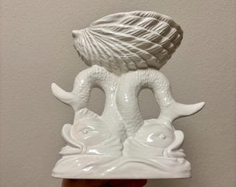 White ceramic bowl vintage fish shell jewelry bowl soap dish tall standing bowl wave koi candy bowl planter trinket soap dish