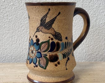 Netzi Mexico Tonala ceramic jug vintage hand-painted earthenware pottery Ceramic Mexican pottery flowers hummingbird signed mug jug