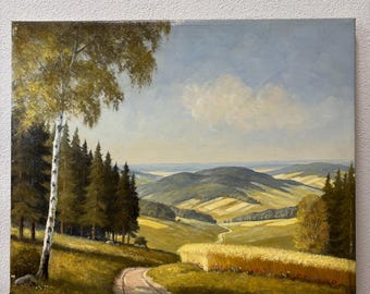 Pintura a óleo de Georg Wegener assinada Paisagem de Harz Floresta de Harz Prado bege verde Alemanha 1950 1960 Galeria Parede