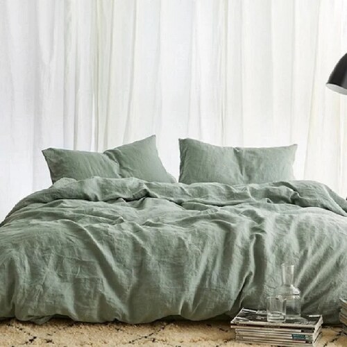 Forest Green Linen Duvet Cover / Green Linen Bedding Set in Etsy