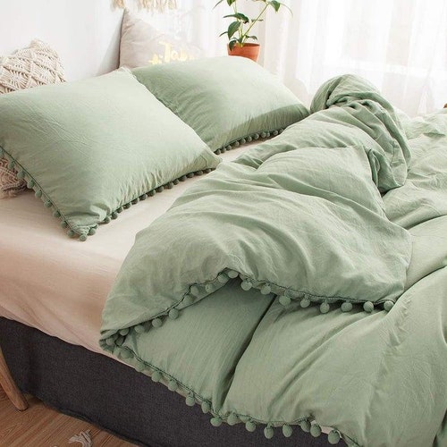 Indian Handmade Duvet Cover Set Queen Pom Pom Sage Green Boho Etsy