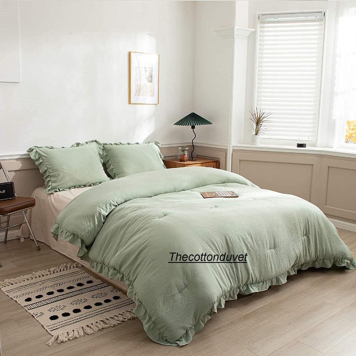 Ruffled Cotton Duvet Cover in Sage Green Bedding Set Ruffle Etsy