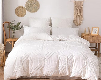 Bohemian 3 Piece Tufted Cotton Duvet Cover set, Boho Bedding Queen King Comforter Cover With Pillowcases Ivory Duvet Cover, Queen/King/Full