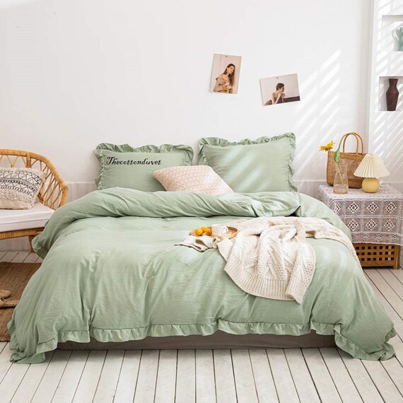 Ruffled Cotton Duvet Cover In Sage Green Bedding Set Ruffle Ruffled Cotton Duvet Cover In Sage, Sage Green Bedspreads King Size