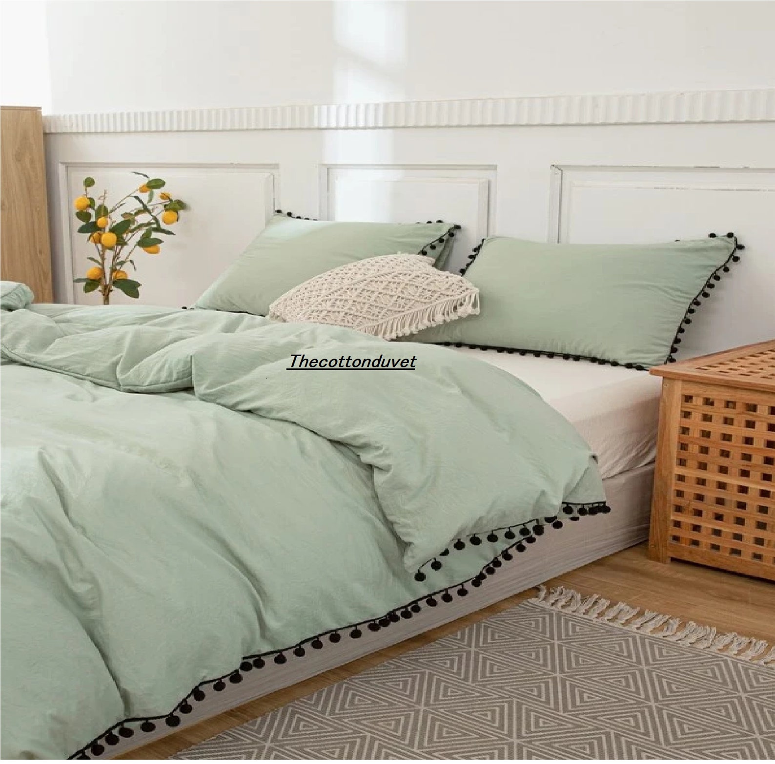 Sage Green Color Washed Duvet Cover With Black Pompom Cotton Etsy