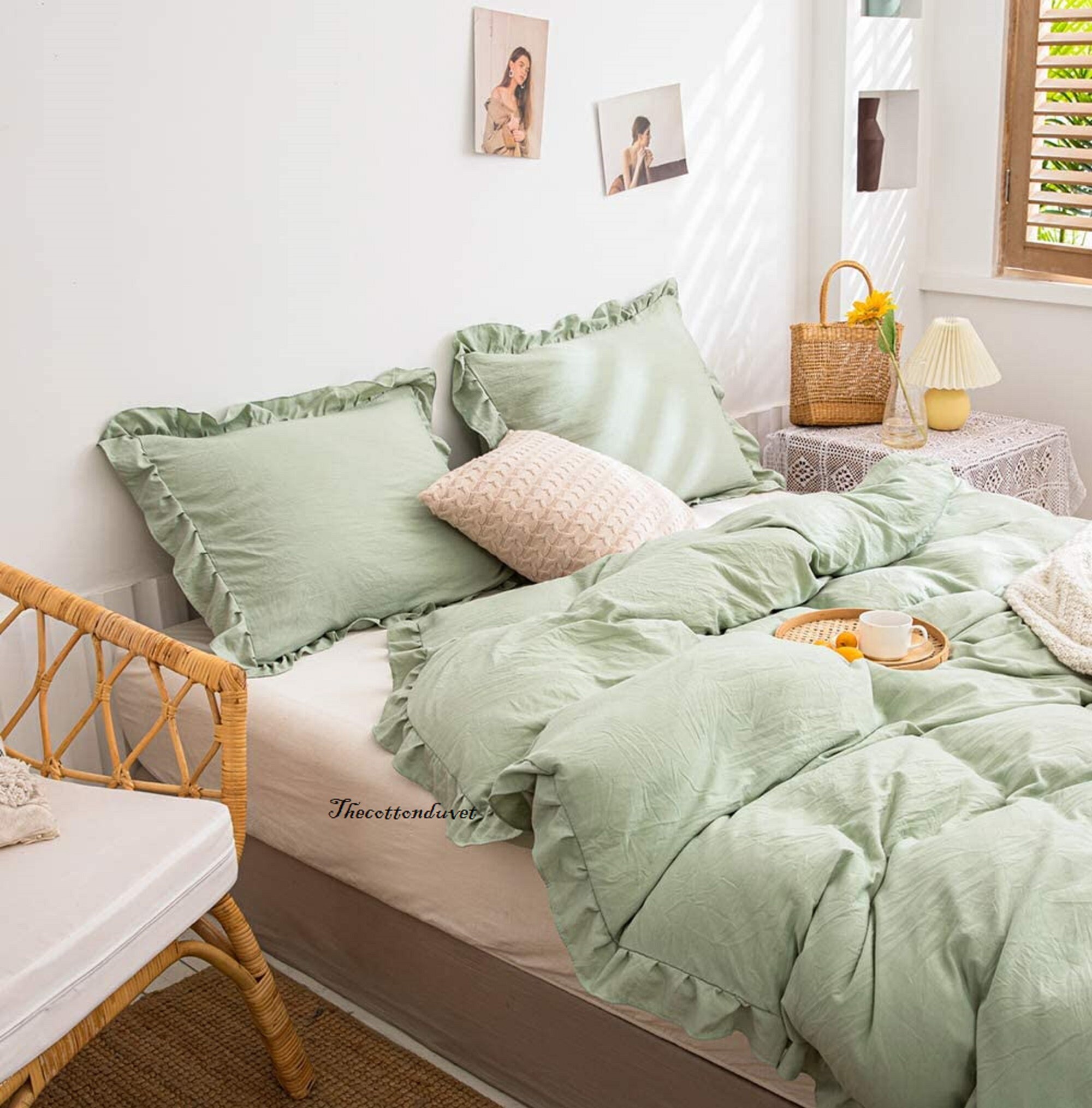 Ruffled Cotton Duvet Cover in Sage Green Bedding Set Ruffle Etsy UK