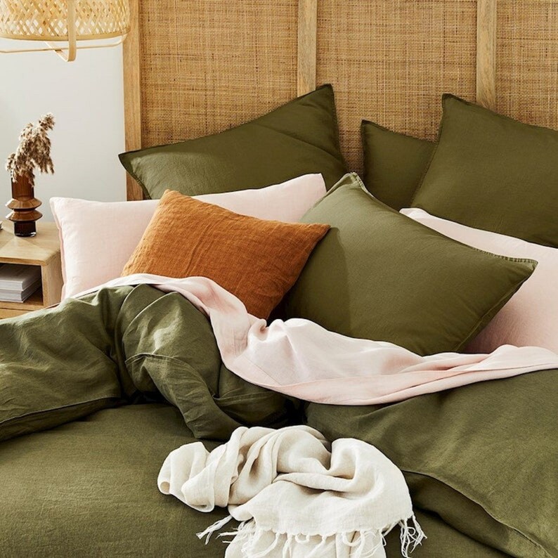 Olive Green Linen Duvet Cover Softened Linen Bedding Set Etsy