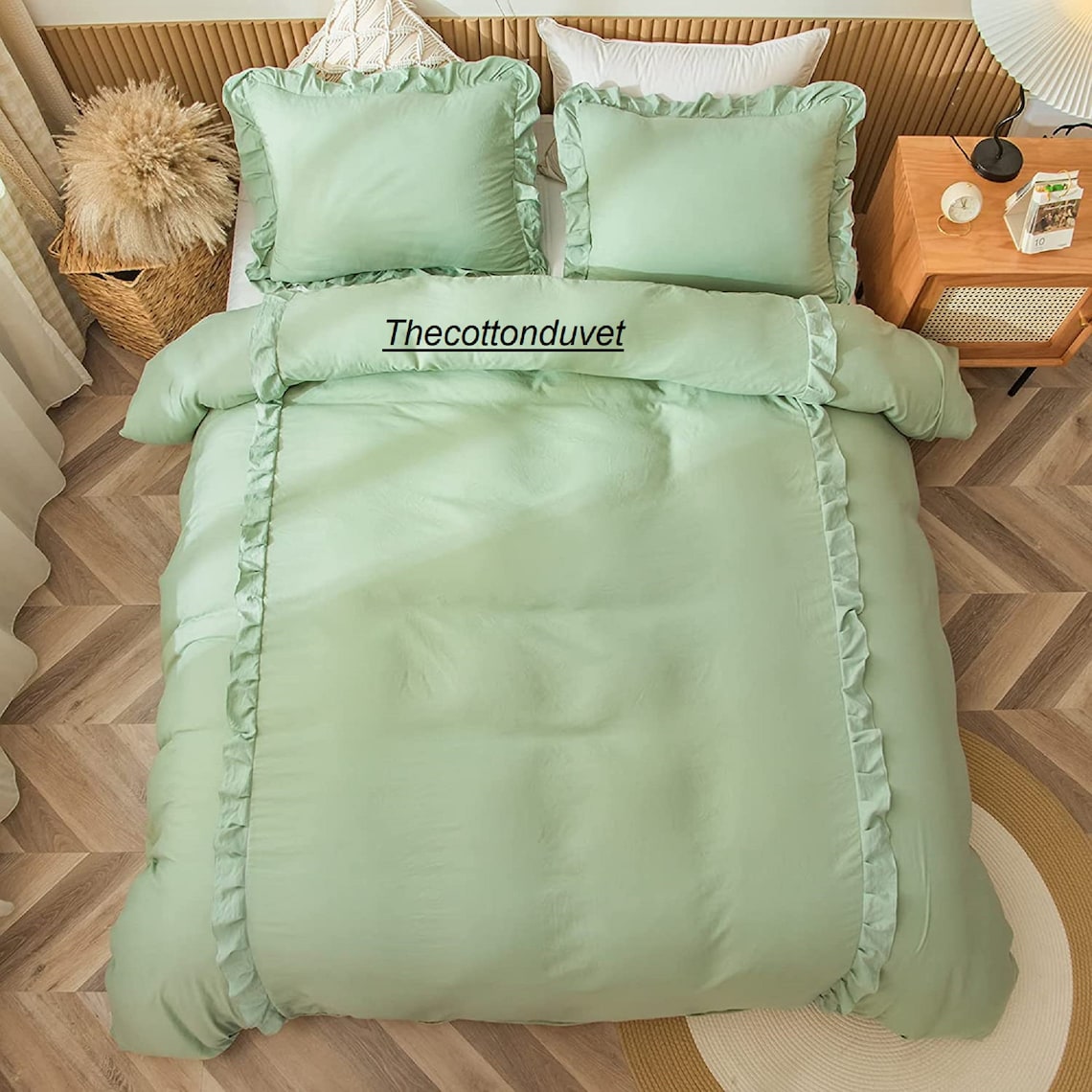 Sage green Cotton Duvet Cover King Size Boho Ruffled Duvet Etsy