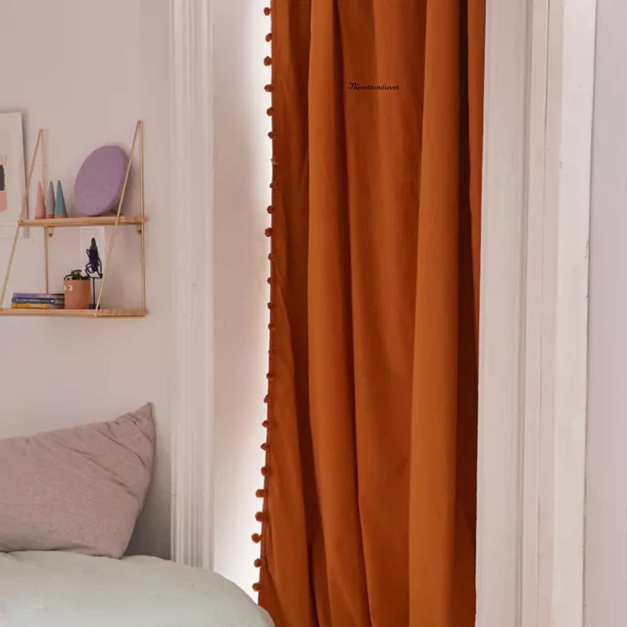 Cinnamon Color Long Cotton Curtain PomPom Cotton Curtain Etsy