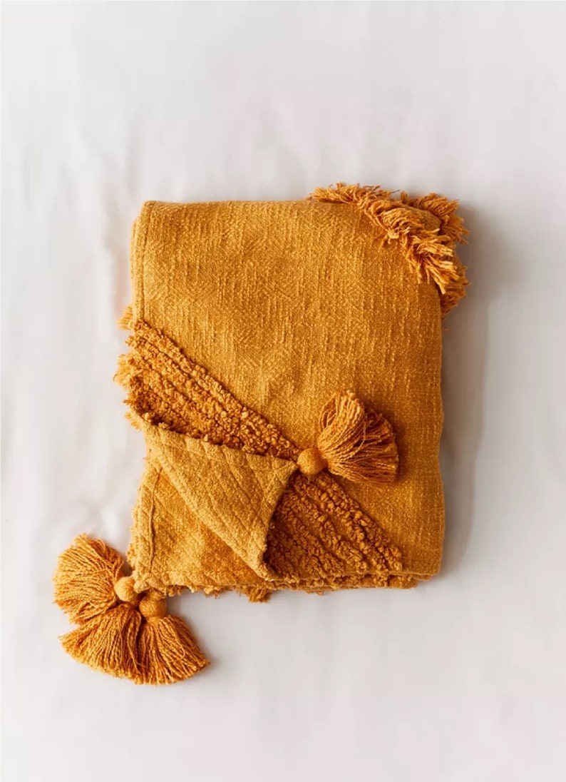 Yellow Gold Cotton Handmade Throw Tufted Blankets Throw Cotton Etsy