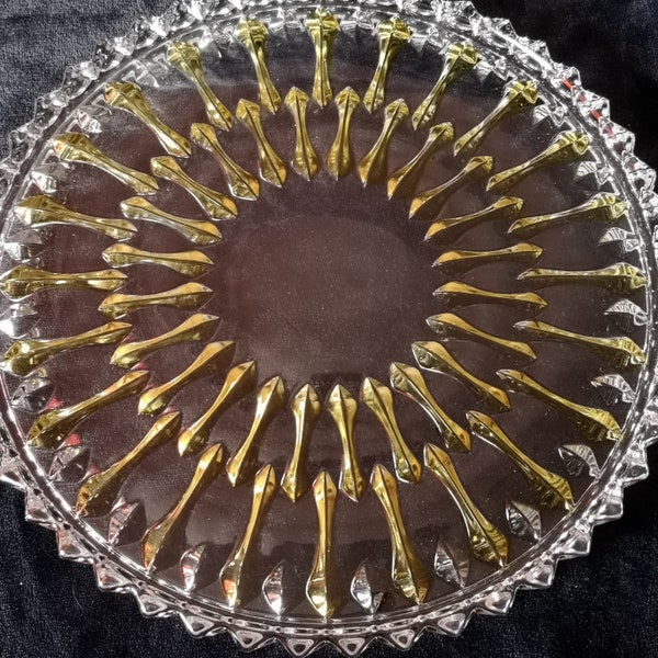 Walther Glas Kristallglas Tortenplatte Kuchenplatte mit gelben Strahlen 70er Jahre Vintage