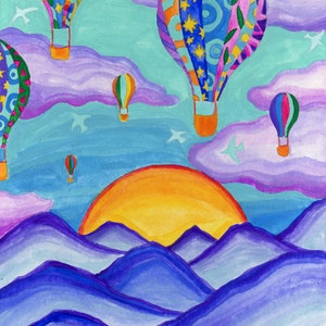 May include: A watercolor painting of a sunset over a mountain range with hot air balloons in the sky. The balloons are colorful and patterned, and the sky is a light blue with white clouds. The sun is a bright orange and yellow, and the mountains are a deep purple.