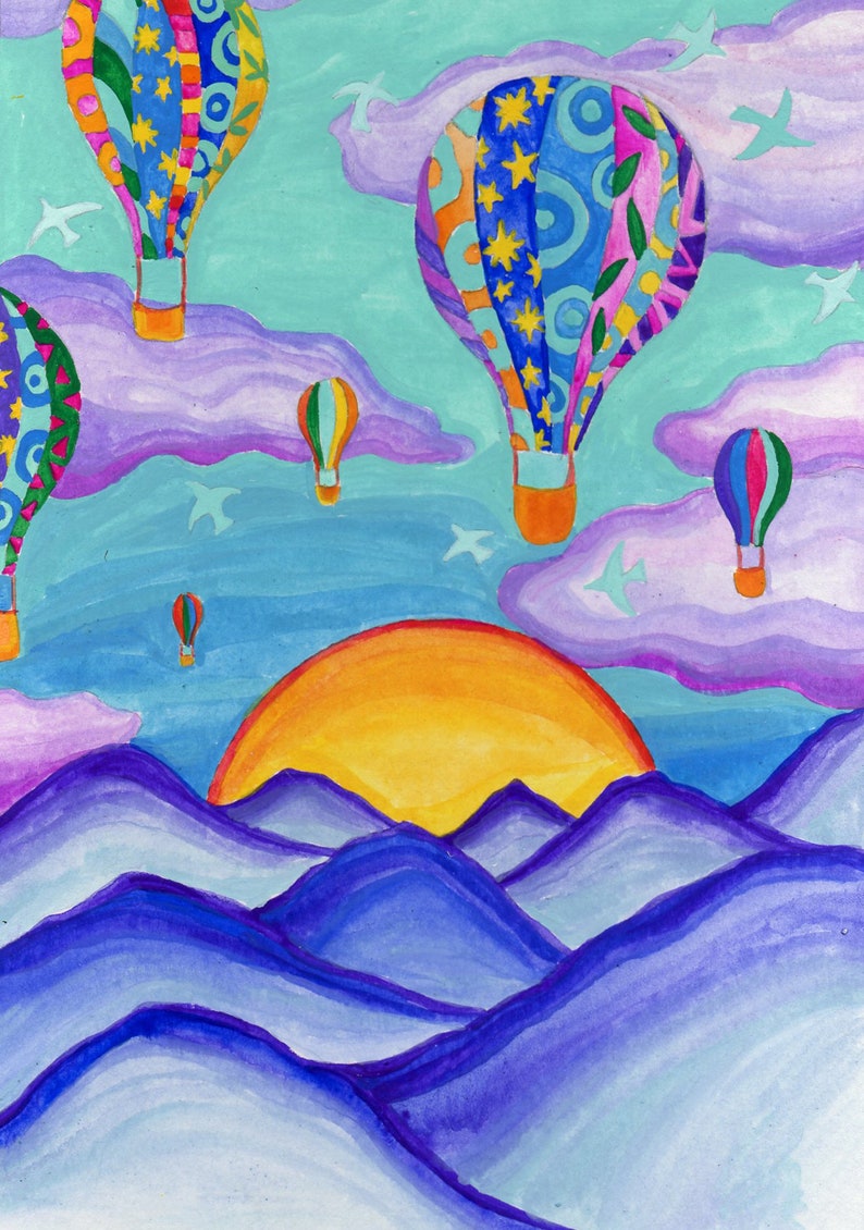May include: A watercolor painting of a sunset over a mountain range with hot air balloons in the sky. The balloons are colorful and patterned, and the sky is a light blue with white clouds. The sun is a bright orange and yellow, and the mountains are a deep purple.