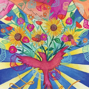 May include: A colorful illustration of a bouquet of flowers with a red bird flying out of the center. The background is a blue and yellow striped pattern with the word "love" written in gold.