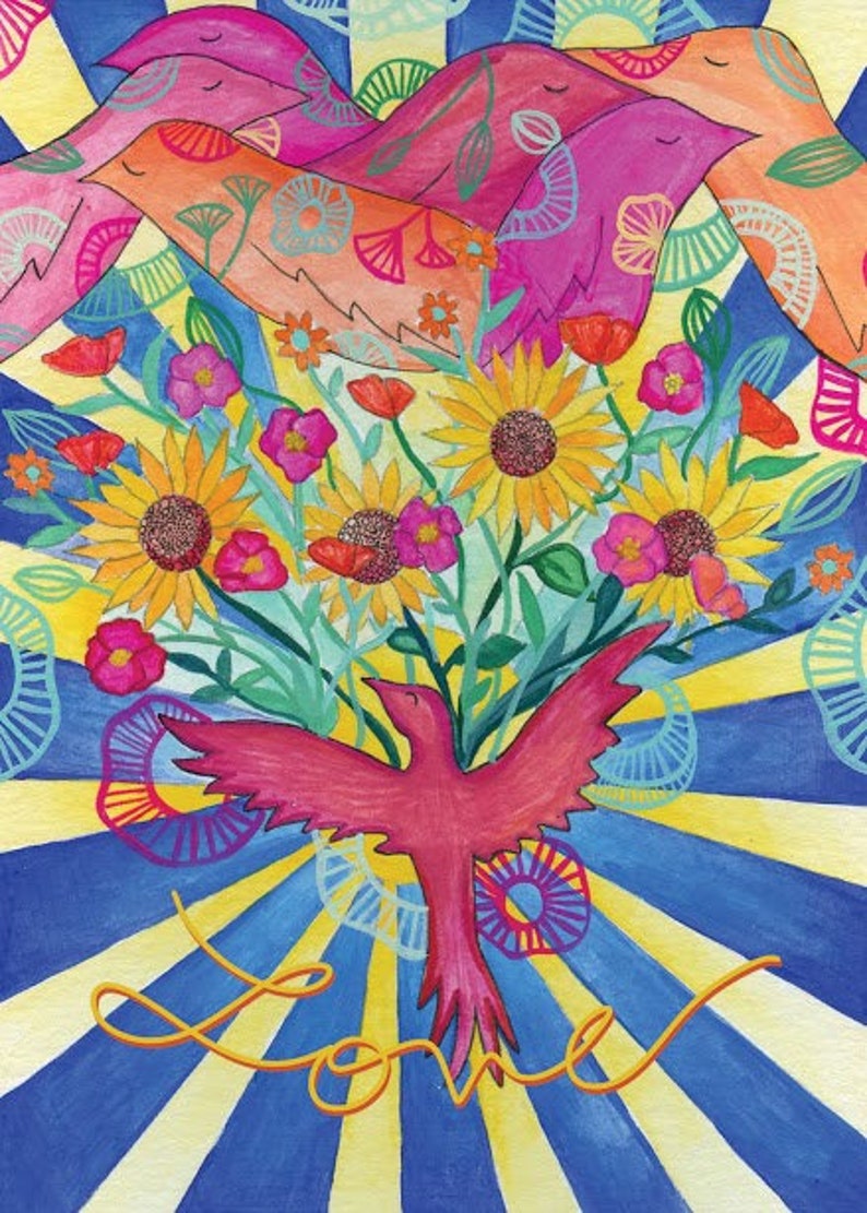 May include: A colorful illustration of a bouquet of flowers with a red bird flying out of the center. The background is a blue and yellow striped pattern with the word "love" written in gold.