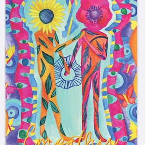 May include: A colorful illustration of two figures, one with a sunflower head and the other with a poppy head, standing together. The figures are surrounded by a swirling pattern of eyes, flowers, and butterflies. The word "Empathy" is written in yellow at the bottom of the image.