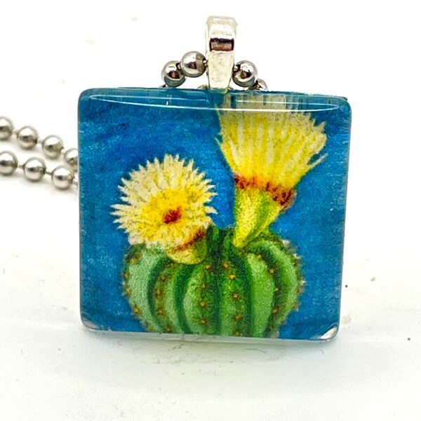 Glass tile pendant with vintage cactus flower image.