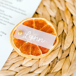 Citrus Place Cards – Real Fruit Name Cards for Weddings, Showers, Summer Parties –Custom Hand-Lettered Grapefruit, Orange, Lemon, Lime Decor