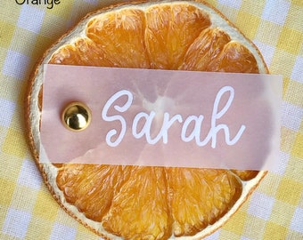 Citrus Place Cards – Real Fruit Name Cards for Weddings, Showers, Summer Parties –Custom Hand-Lettered Grapefruit, Orange, Lemon, Lime Decor