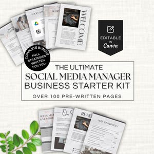 May include: A collection of printed documents, including a welcome page, and pages with the text "The Ultimate Social Media Manager Business Starter Kit" and "Over 100 Pre-Written Pages". The documents are arranged on a light background.
