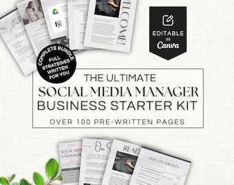 May include: A collection of printed documents, including a welcome page, and pages with the text "The Ultimate Social Media Manager Business Starter Kit" and "Over 100 Pre-Written Pages". The documents are arranged on a light background.
