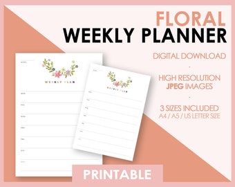 Weekly Planner Printable JPEG, Floral, Weekly Planner Digital Templates, Weekly Schedule Digital download | A4, A5, US letter Size