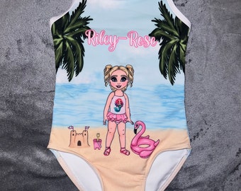 Toddler Girls Personalised Beach Theme Holiday Character & Name Swimming Costume / Toddler Swim Set