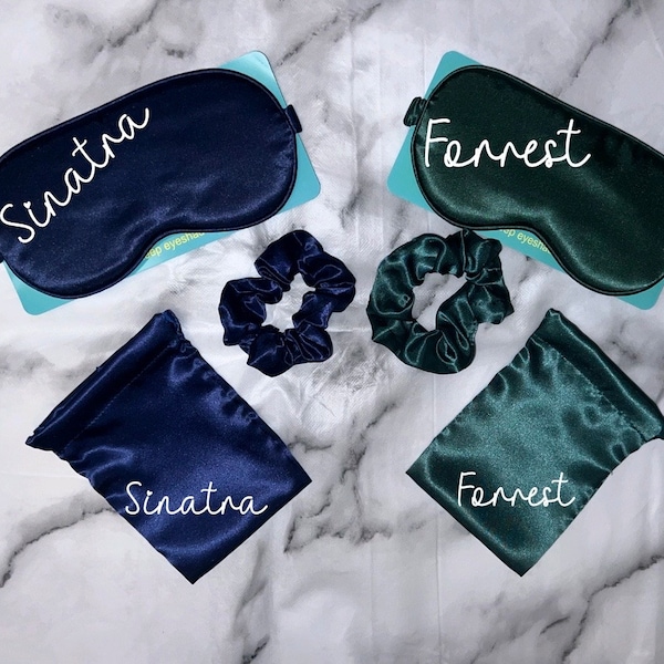 Personalised satin eye mask set with scrunchie and pouch, mothers day, Personalised Eye mask, Bridesmaids Gift, travel eye mask,