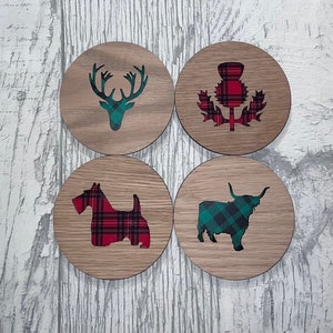 Scottish 2 Layer Wooden Coasters / Oak Veneer / Tartan Plaid Pattern / Scottish Gifts / Scottish Coaster