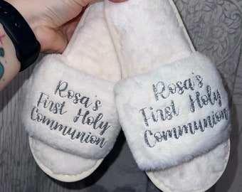 Fluffy Straight Edge First Holy Communion Slippers / Beige