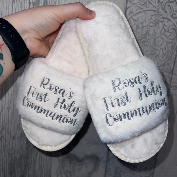 Fluffy Straight Edge First Holy Communion Slippers / Beige