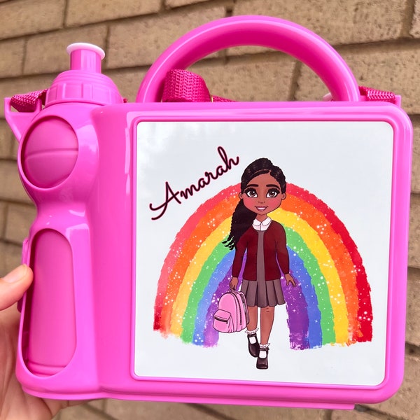 Girls Pink Plastic Lunchbox with Bottle / Personalised with Mini Me Dolly / Toddler Girl / Older Girl