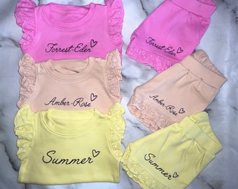 Girls Anglaise Frill Summer Short & Tshirt Set /  Custom Shorts and Tshirt with Name / Matching Sibling Holiday Outfit