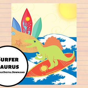 Kinder Dinosaurier Kunst, Dinosaurier Kunst, Dino Kunst, Kunst für ein Kinderzimmer, Kinderzimmer Dekor, Dinosaurier, T-Rex, Kunst für einen Jungen, Geschenk für ein Surfer Kind
