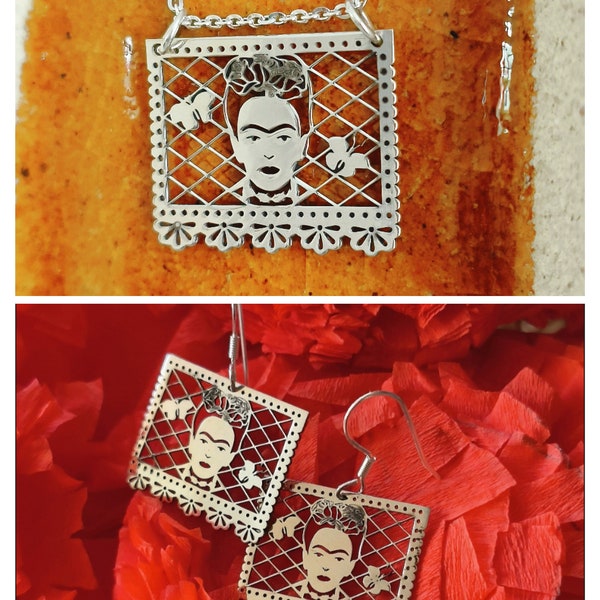 Set de joyería papel picado en plata ley  925 con Frida Kahlo