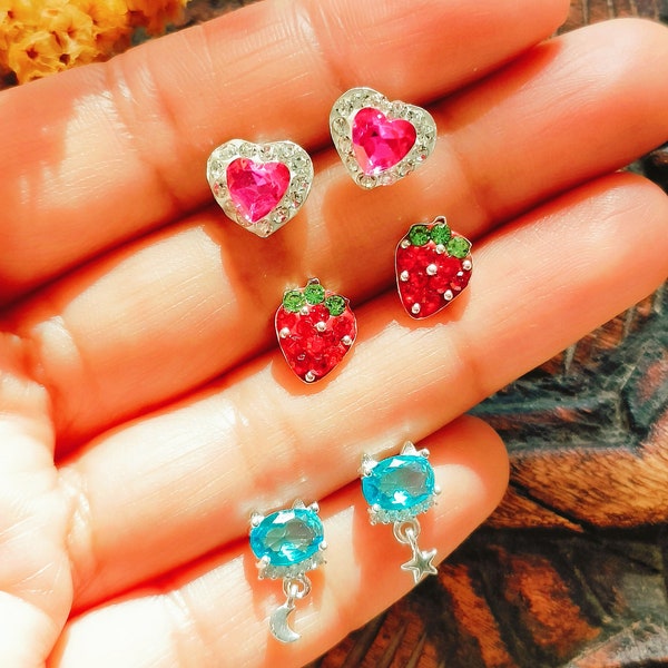 Aretes pequeños de cristales y plata ley 925