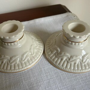 Lenox Ivory Porcelain Candlestick Holders – Set of 2 (Leaf Pattern, Gold Trim)