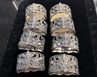 Vintage Silvertone Metal Fleur de lis  Half Moon Napkin Rings - Set of 10